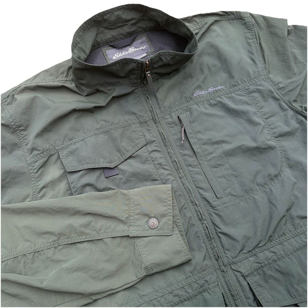 Eddie Bauer Travex Jacket Mens 2XL Green Ripstop Nylon Full Zip Utility Travel